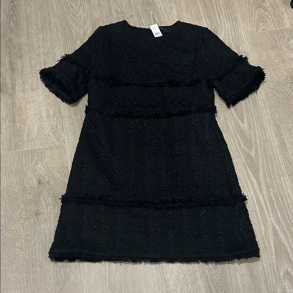 Ann Taylor Black Textured Fringe-Trim Mini Dress